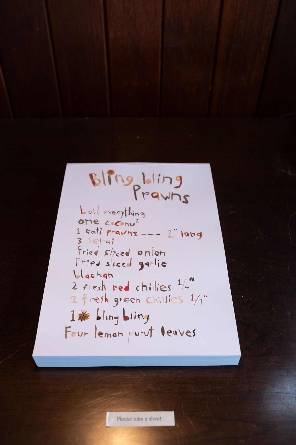 <p><em>Bling Bling Prawns</em> (2024), Tearaway pad<br />
of 4C x 1 digital print on 120 gsm woodfree<br />
paper bum-bound with250 gsm backboard<br />
by Susanna Tan.</p>
